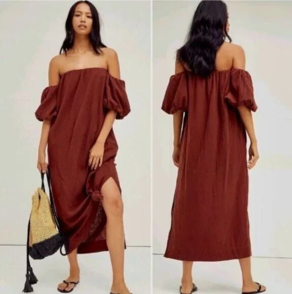 Free People Vieques Off The Shoulder Midi Dress Brown Medium